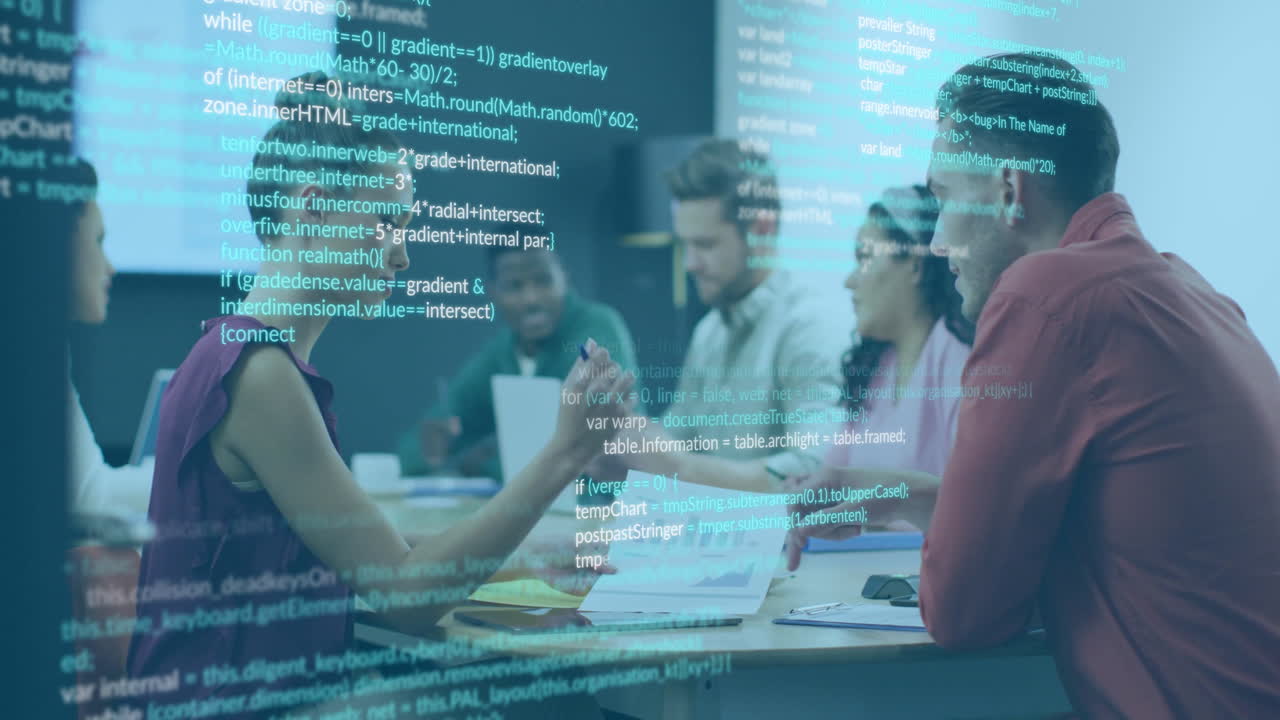 Collaborating in office, team working with digital code animation overlay