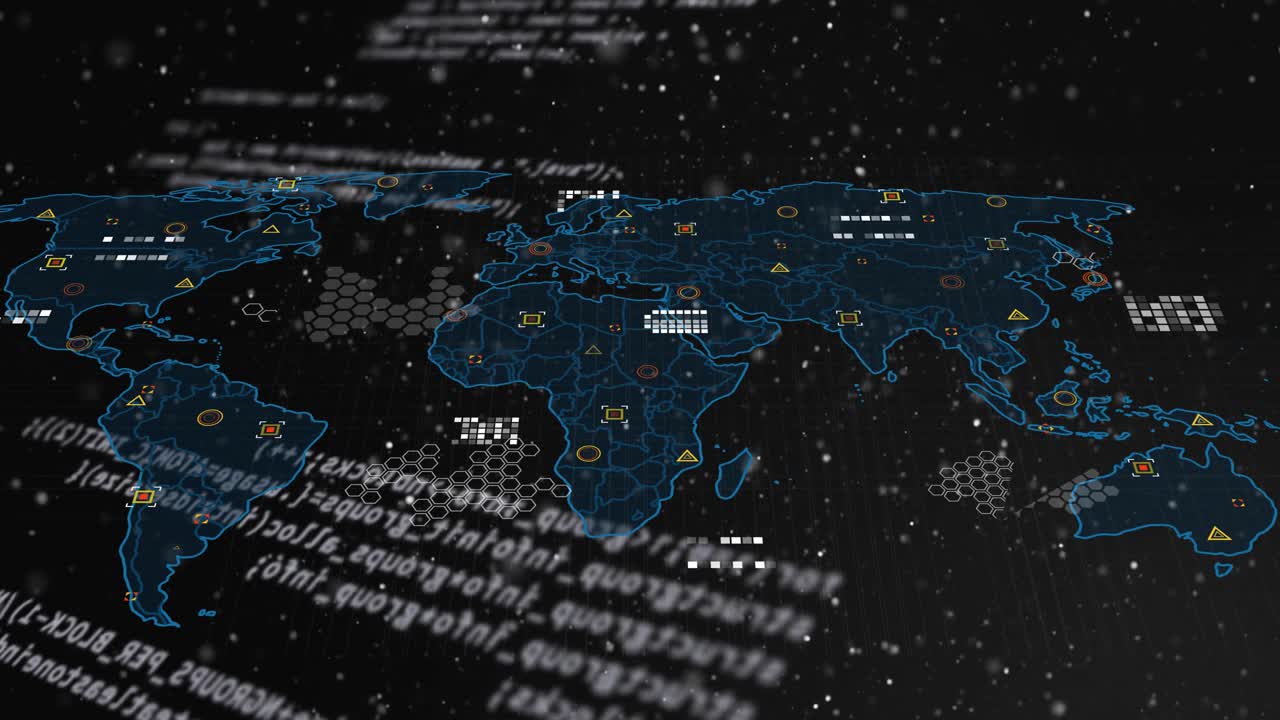 Animation of geometric shapes on map and computer language over black background