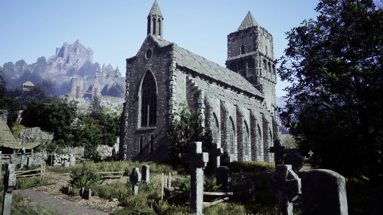 Ruins of historical church surrounded by ancient graves in a serene landscape