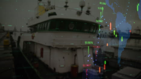 statistical data processing over world map against ship at the port