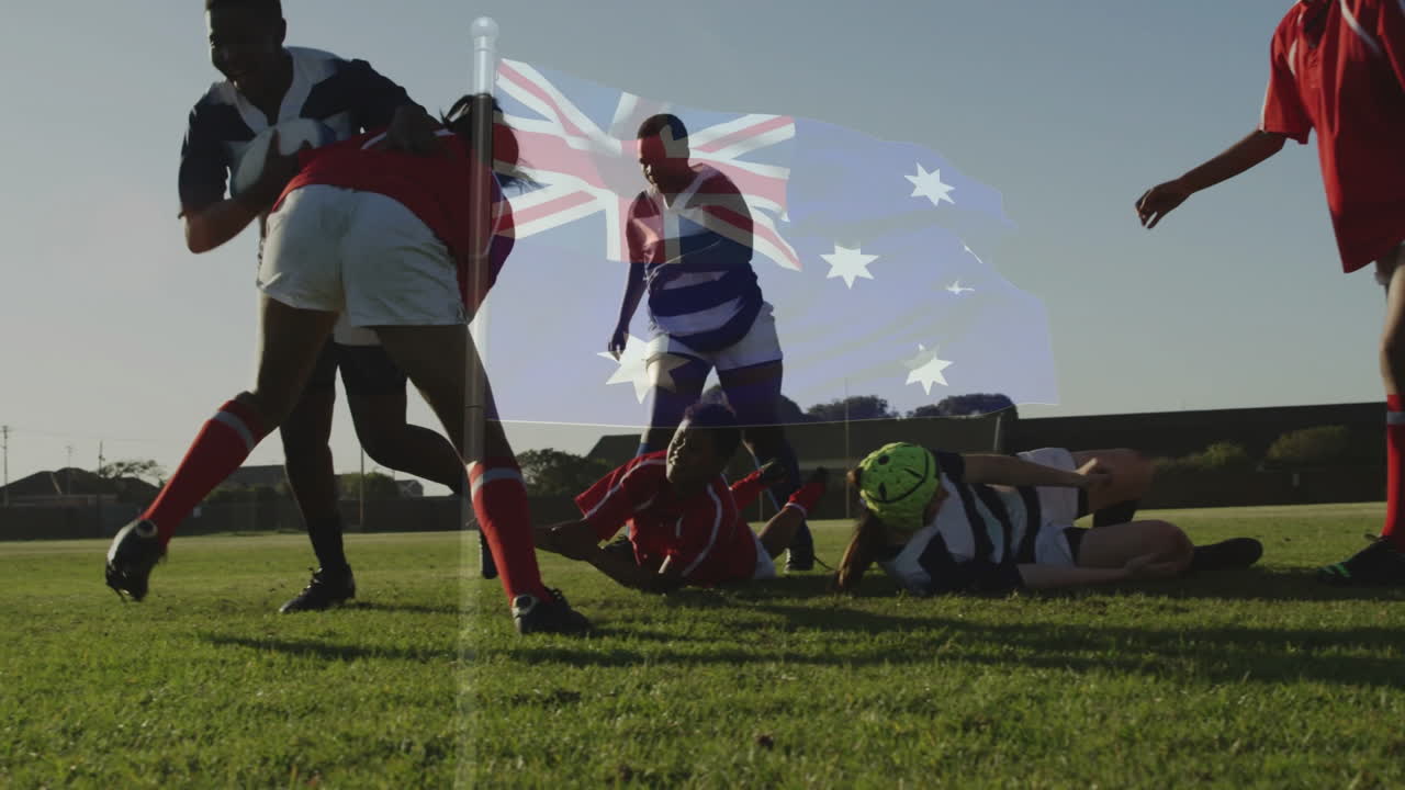 Tackling on field, rugby players with Australian flag animation in sunlight