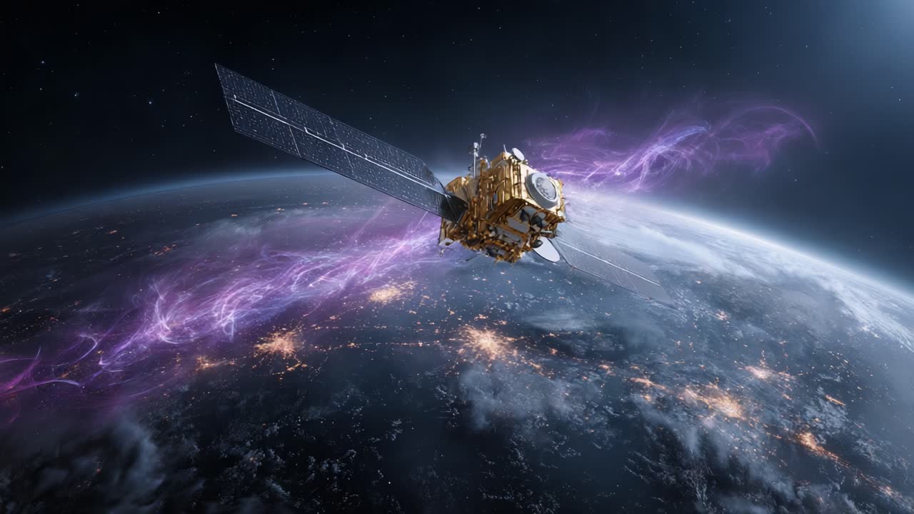 High-Tech Satellite Orbiting Earth with Radiant Energy Streams Captured in Stunning Imagery Showcasing Advanced Space Exploration and Cosmic Phenomena