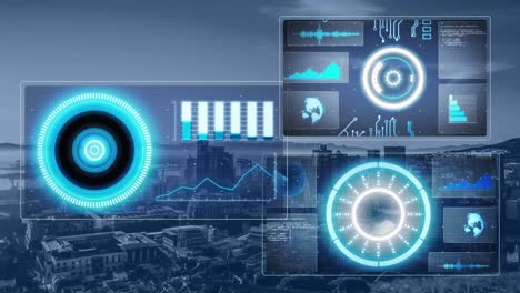 Animation-of-data-processing-with-scope-scanning-over-cityscape