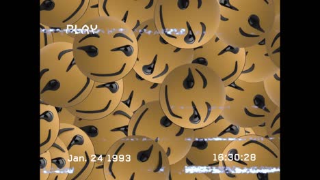 digital animation of vhs glitch effect over multiple smirk face emojis on black background