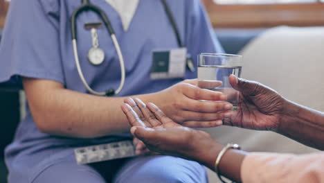 pills, water and hands of nurse with patient