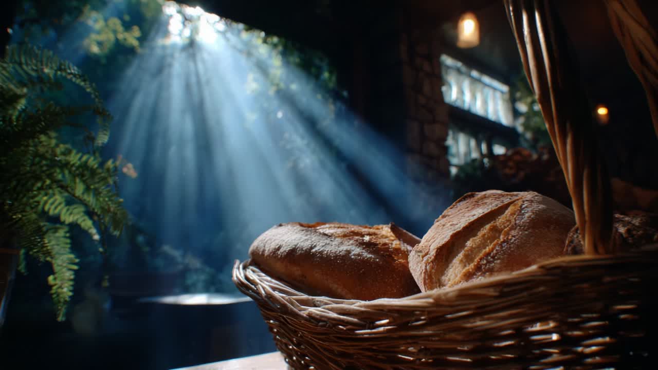 A Warm Basket of Freshly Baked Bread Captured in a Serene Setting Where Sunlight Filters Through, Creating a Magical Atmosphere of Comfort and Rustic Charm, Inviting You to Savor Every Bite
