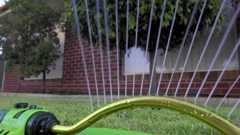 a close up view on a sprinkler watering a lawn