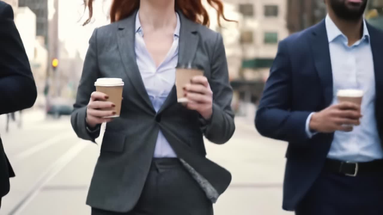A Confident Businesswoman in a Suit Leads Her Colleagues in a Fast-Paced Urban Environment While Carrying Coffee Cups During a Busy Morning Commute