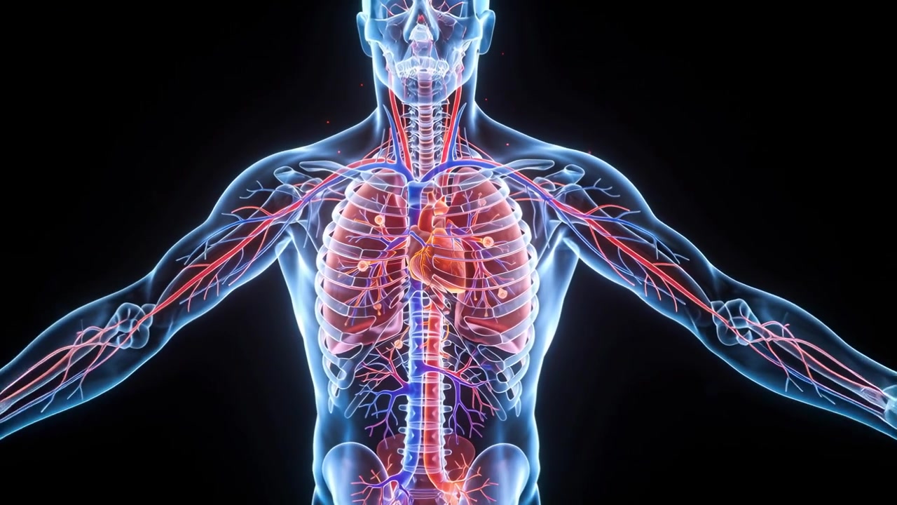 Pulling back camera unveiling translucent model rotating in lab showing pulsing heart ribs vessels