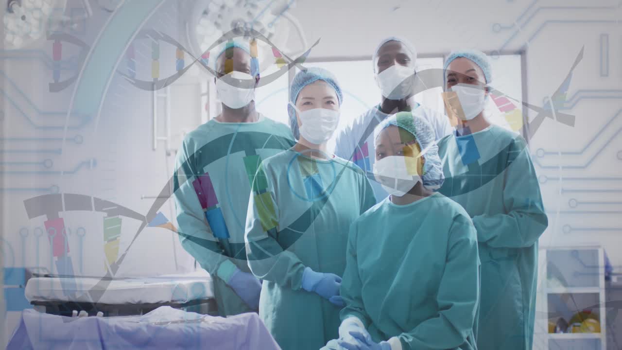 Animación de procesamiento de datos con cadenas de ADN sobre diversos cirujanos en un hospital