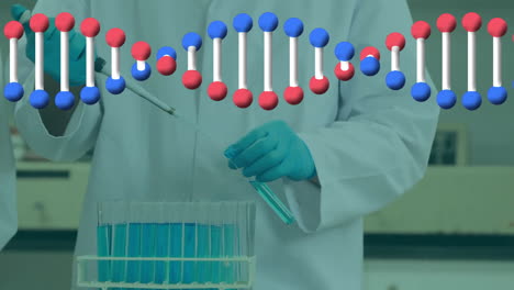 animación de una cadena de adn sobre un científico caucásico en el laboratorio