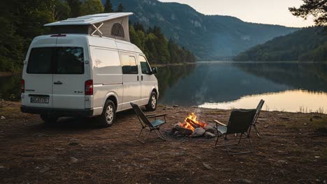 a serene lakeside camping scene featuring a camper van parked next to a glowing campfire, with cozy chairs arranged around the flames and breathtaking mountains in the background