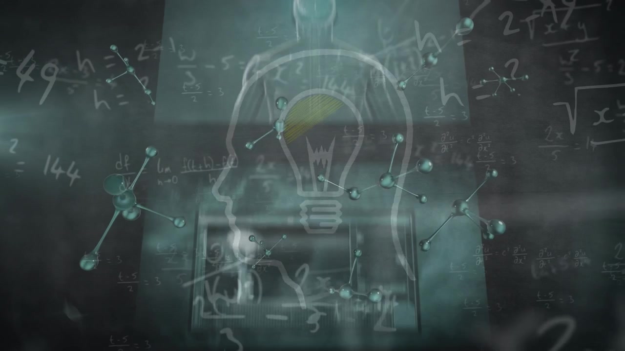 Animation of molecules, dna, human profile and scientific data on screens on black background