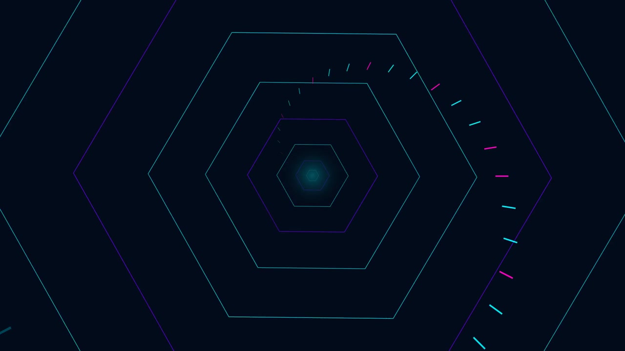 Abstract Tunnel of Rotating Neon Hexagons