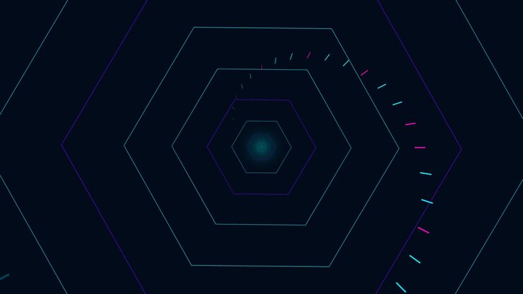 Abstract Tunnel of Rotating Neon Hexagons