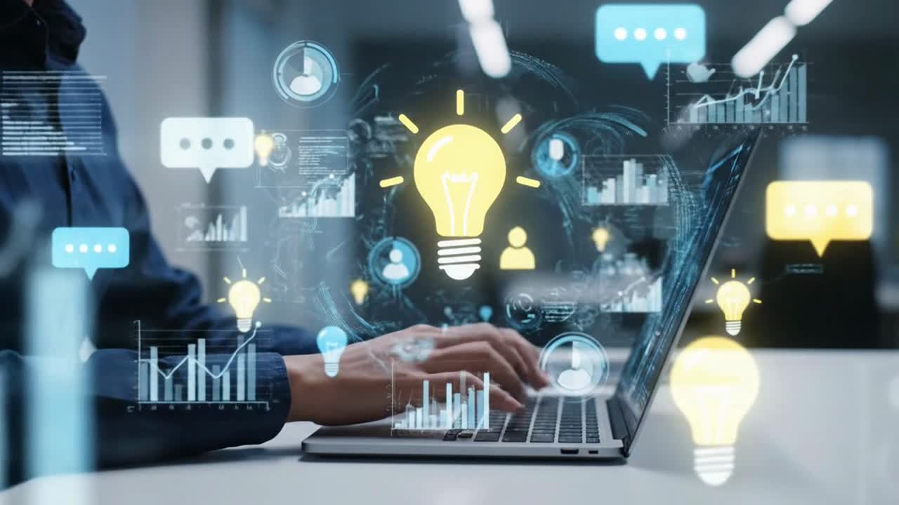 Professional working on a laptop with a futuristic holographic user interface dashboard