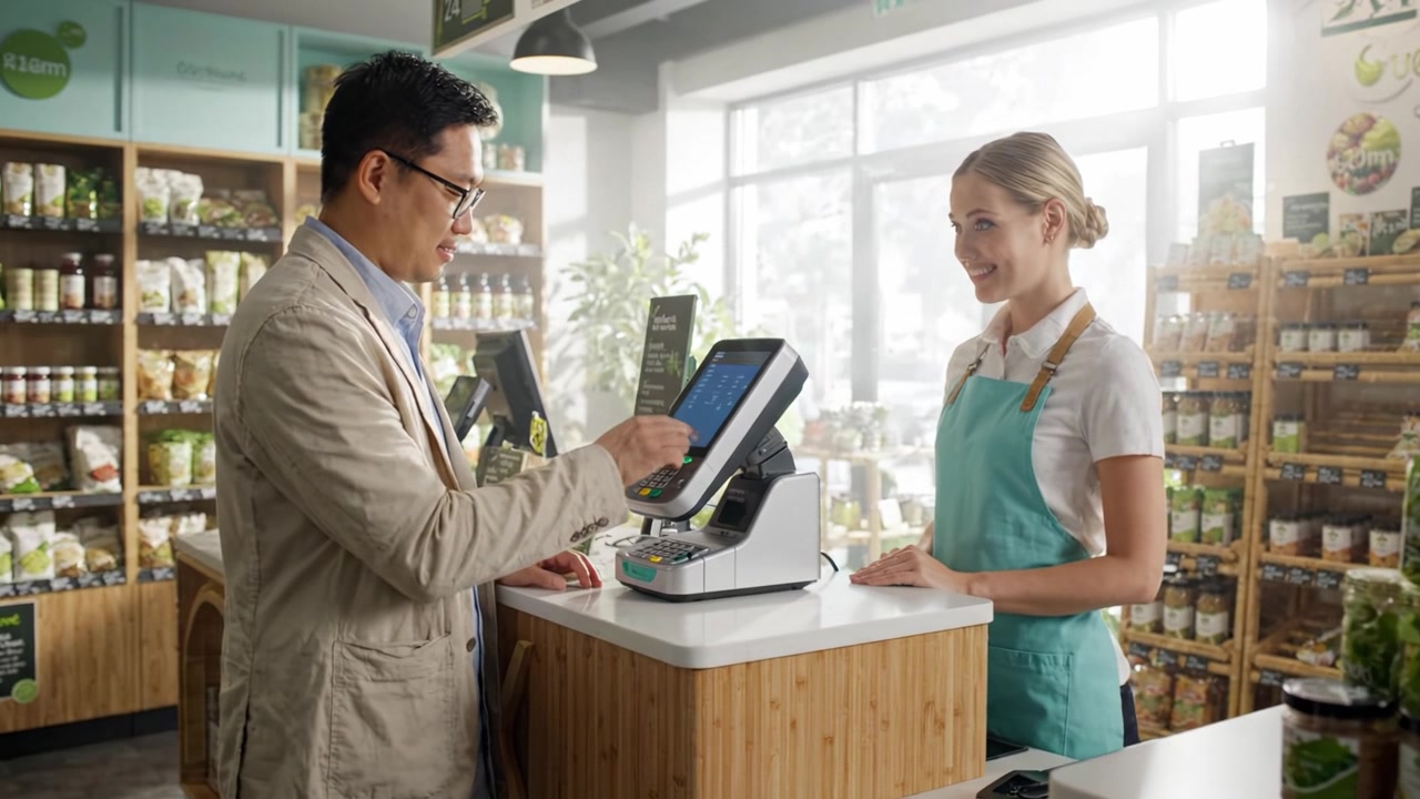 A Friendly Interaction at a Retail Checkout: A Customer and Cashier Engaging in Conversation Amidst an Organic Grocery Store's Aisles