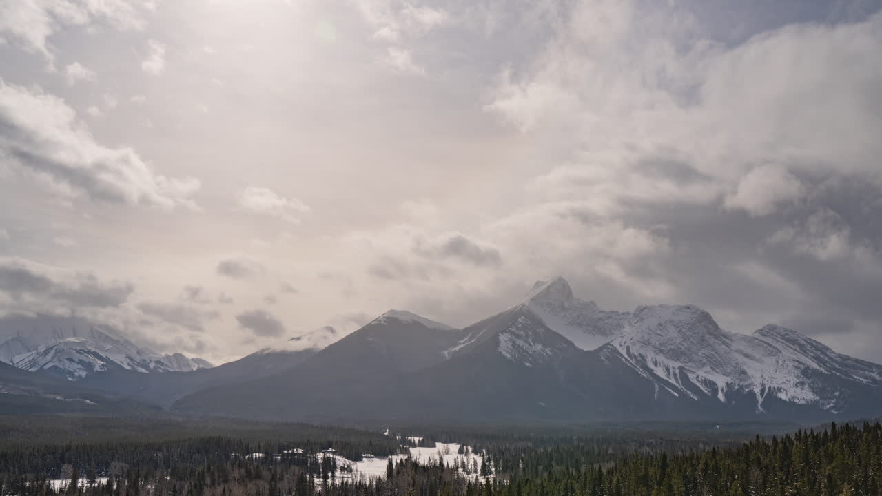 A timelapse of clouds floating by the Rocky Mountains in Kananaskis, Alberta, Canada
