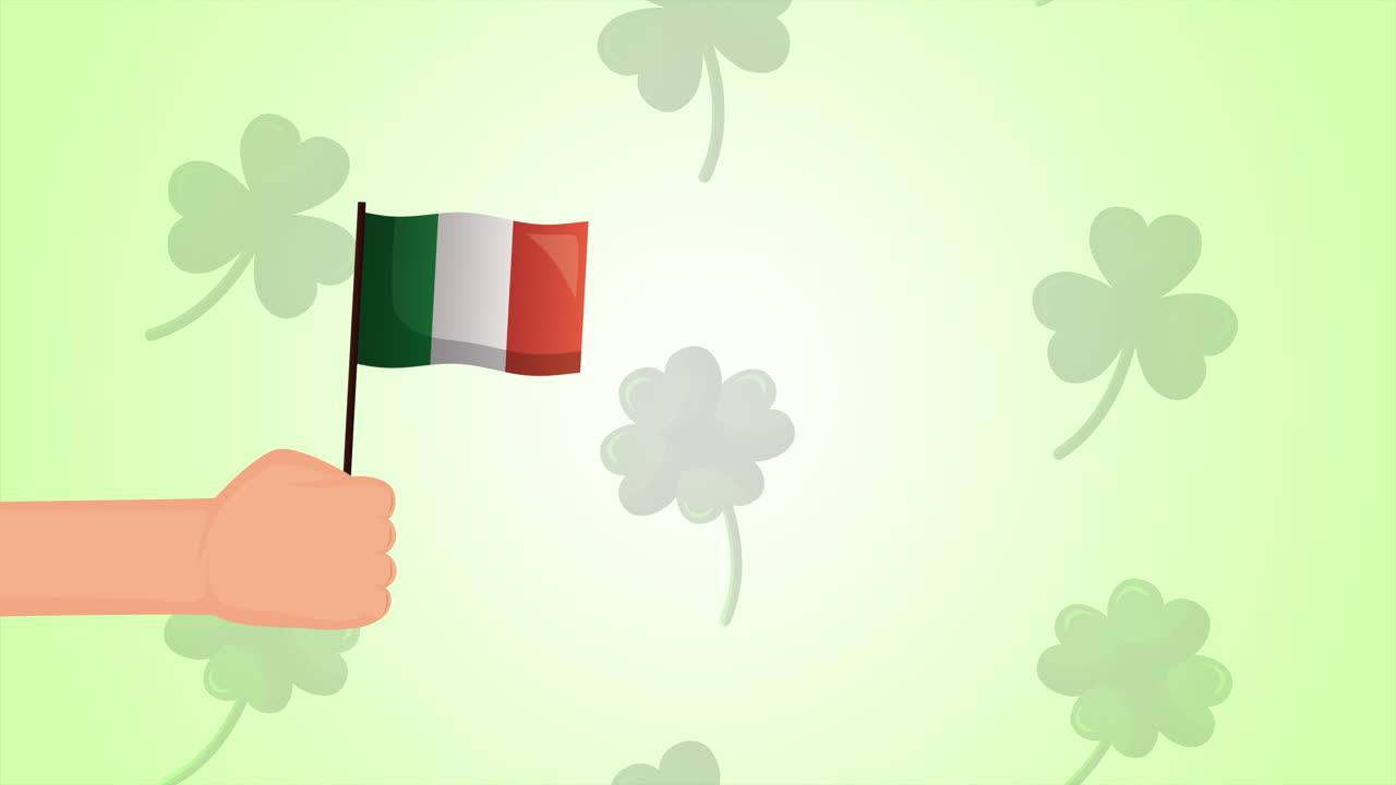tarjeta animada del día de san patricio con la mano agitando la bandera de irlanda