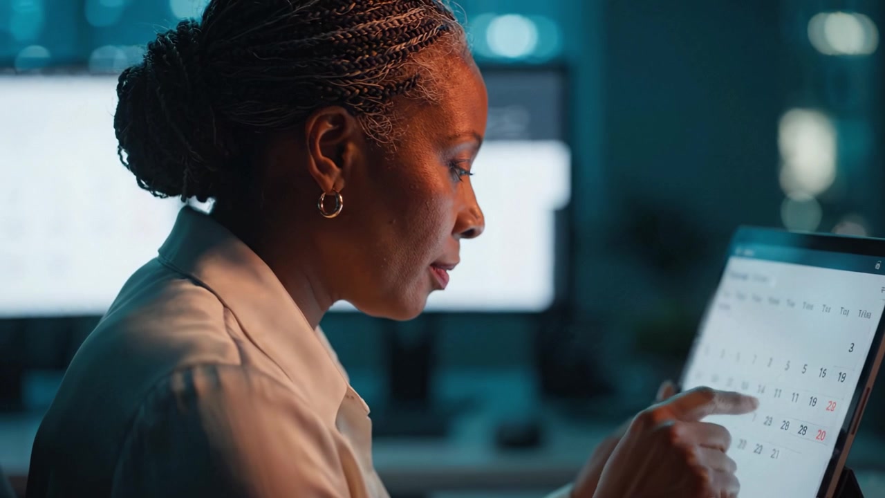 Focused Professional Reviewing Calendar on Tablet in Modern Workspace with Dual Monitors at Night, Illustrating Productivity and Planning Skills in Busy Environment