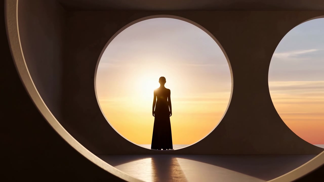 Stationary silhouette of woman standing at center of large circular opening in smooth concrete wall, backlit by sun positioned directly behind head creating