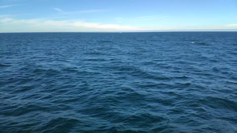 first-person view navigating the surface of the water, the horizon in the background, sunny day of blue sky in the rías baixas, shooting traveling laterally to the left, pontevedra, galicia, spain