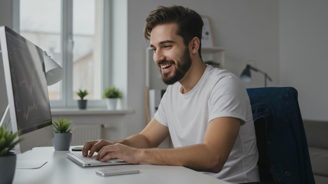 A young man engaged in focused work at a modern desk, smiling while typing on a laptop, surrounded by potted plants and a bright, inviting workspace