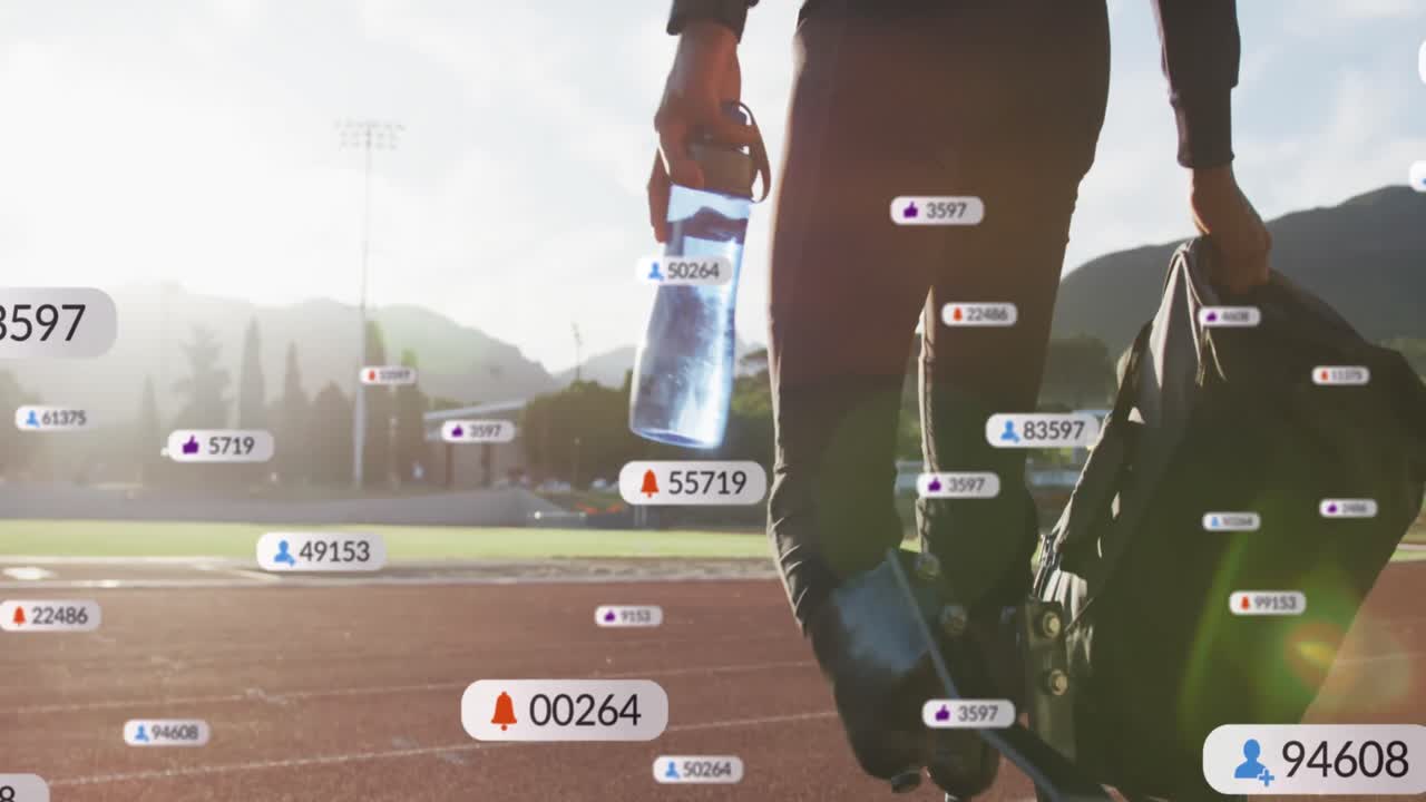 아이콘의 애니메이션, 번호 변경, 아프리카계 미국인 운동 선수가 경주로 향하고 있습니다.