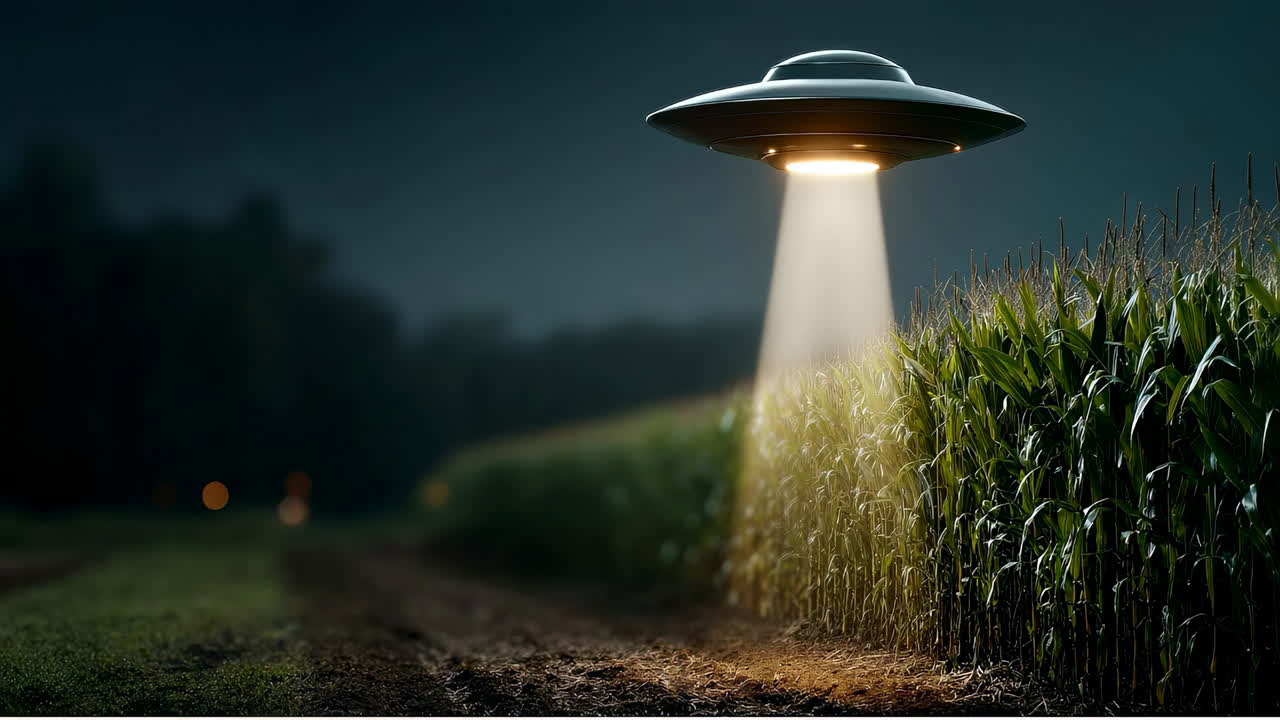Classic saucer shaped UFO hovering over corn field at night. Unidentified flying object with bright beam of light illuminating green corn stalks in rural landscape