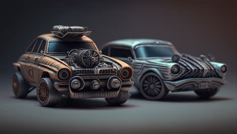 Zwei-Bunte-Miniatur-Oldtimer-Spielzeugautos,-Makro-Nahaufnahme-Einer-Sammlung-Von-Mini-Fahrzeugmodellen