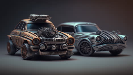 dos coches de juguete antiguos de colores en miniatura, una foto de estudio de primer plano macro de la colección de modelos de mini vehículos
