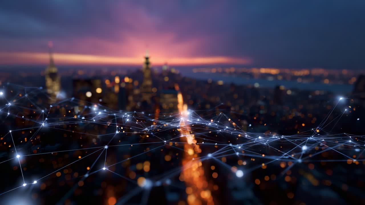 A Stunning Cityscape at Dusk: Sparkling Lights and a Digital Network Connecting Urban Life with an Abstract Perspective of Modern Technology