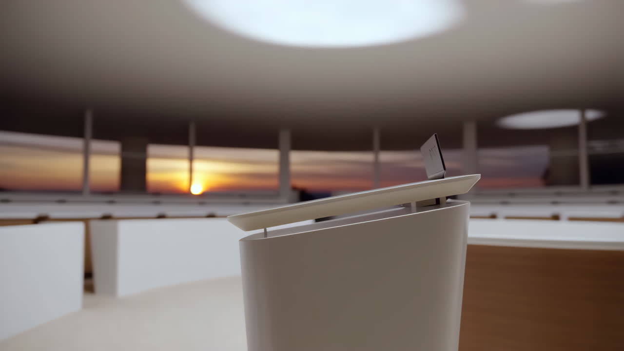 Modern architectural interior with sunset view