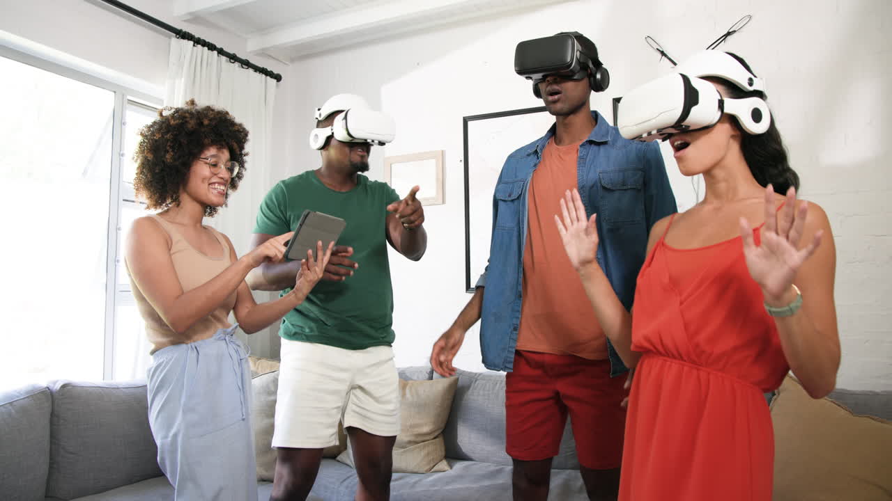 Diverse friends enjoying virtual reality gaming together at home, sharing excitement and fun
