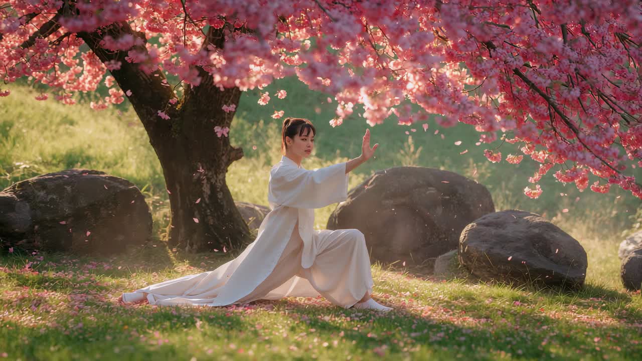 Practicing woman in white robe performing tai chi under cherry tree, breeze lifting petals for calm