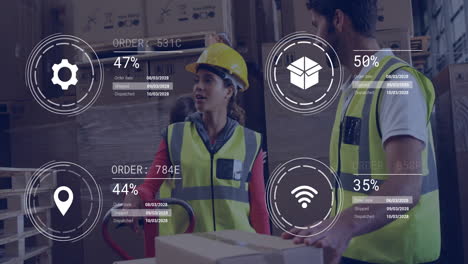 animation of icons and data processing over diverse people working in office