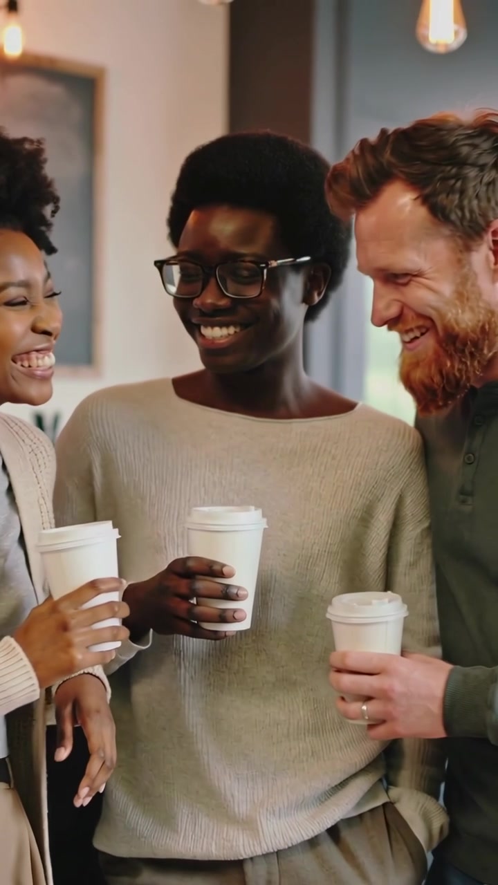 Vídeo vertical: Mulher ao centro falando, usando óculos e vestindo tricô, segurando uma xícara em um café, com a câmera se movendo.