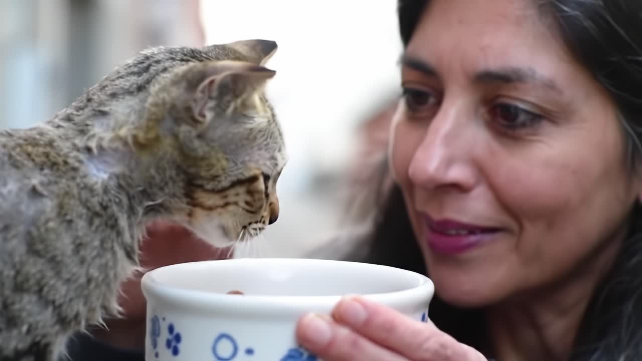 A Heartwarming Moment of Connection: A Woman Gently Interacts with a Stray Cat While Offering Food from a Bowl, Highlighting Compassion and Care.