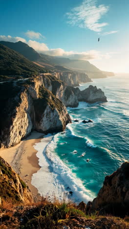 dramatic coastal landscape with cliffs, beach, and ocean