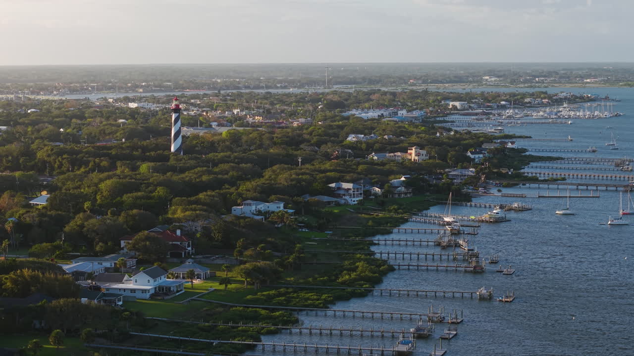 Establishing drone shot of the coast and the St Augustine lighthouse, in Florida