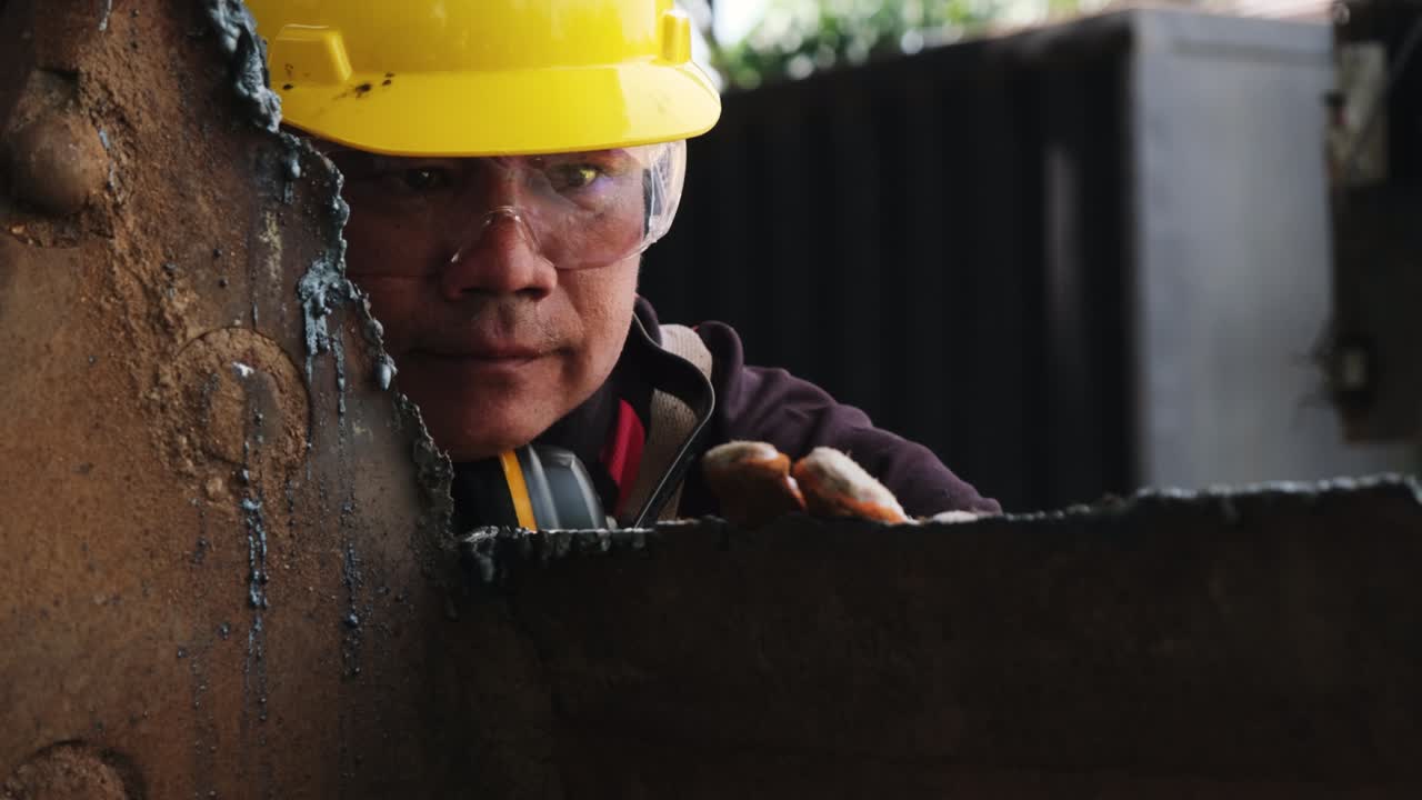 Male worker wearing goggles and construction gloves inspects the work after grinding metal with an angle grinder in home workshop.