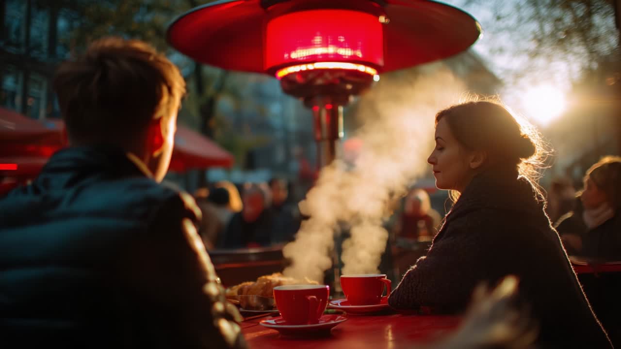 A Serene Evening Encounter: Two Individuals Enjoying Warm Drinks Under a Vibrant Red Heater Surrounded by an Engaging Crowd as Sunlight Fades in an Autumn Setting