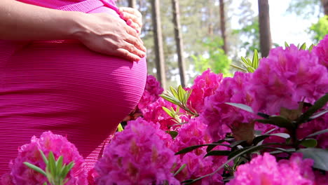 pregnant woman in dress holds hands on belly on natural background of rhododendron at summer day