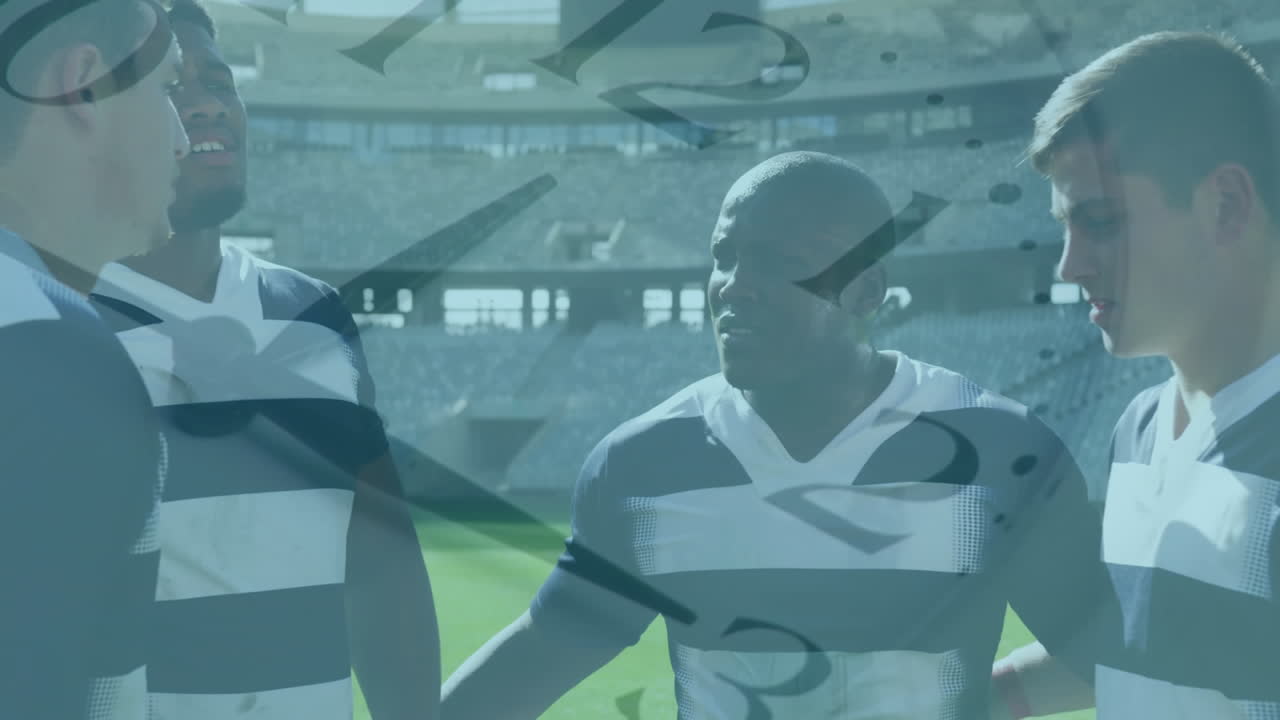 경기장 에 서 있는 다민족 남성 럭비 팀 을 가로지르는 시계 의 애니메이션