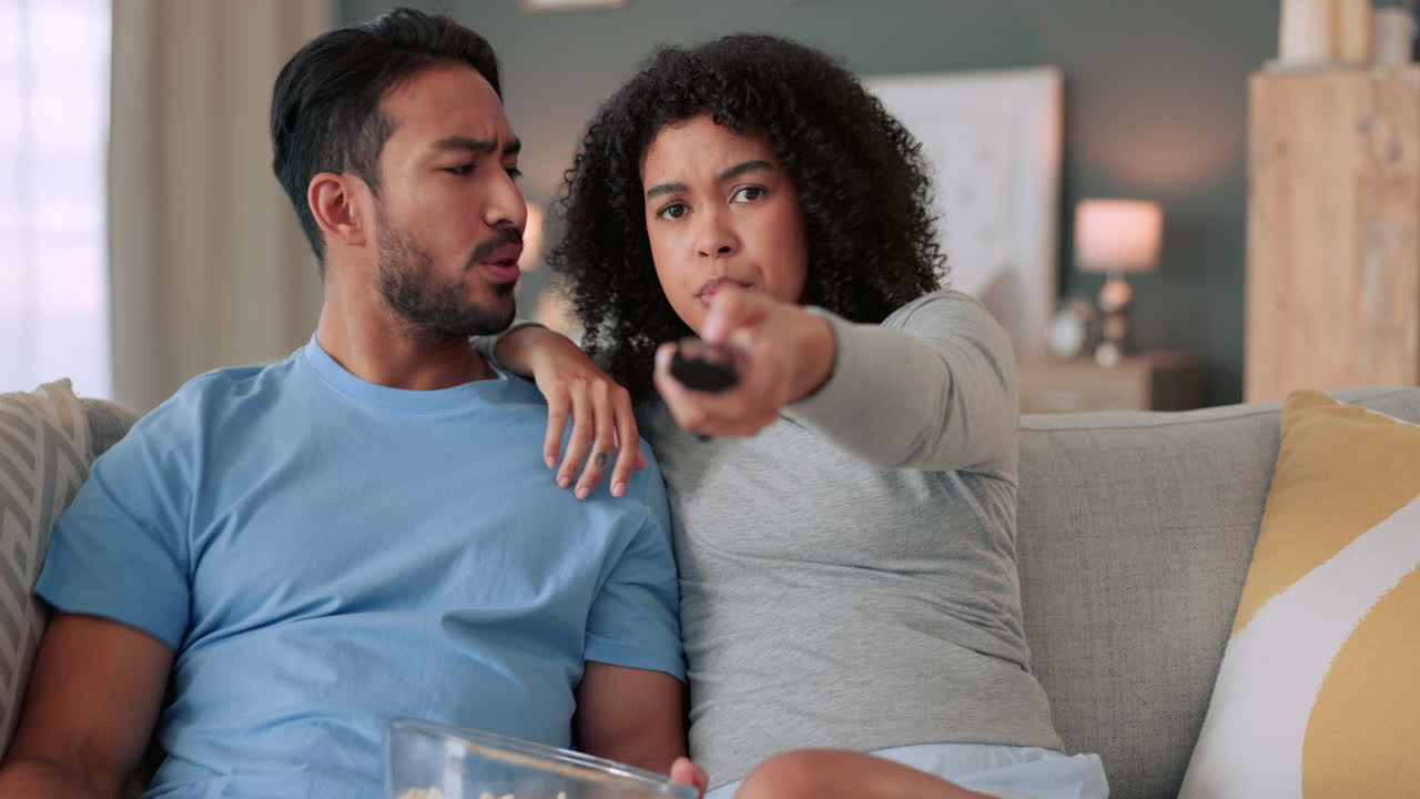 Arguing couple, tv remote and controlling woman