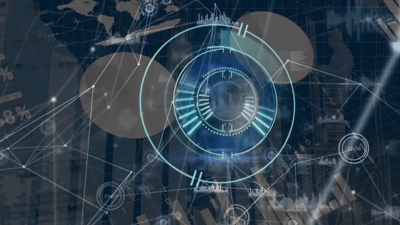 Animation of scope scanning over financial data processing on black background