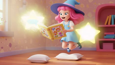 a magical moment: a joyful character with pink hair and a blue hat leaps with excitement while reading an enchanting book surrounded by sparkling stars and cushions