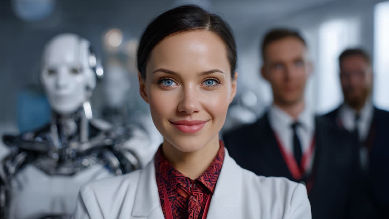 Pewna siebie kobieta naukowiec przewodzi w futurystycznym laboratorium, prezentując zaawansowaną technologię robotyczną i zespół oddanych profesjonalistów u jej boku.