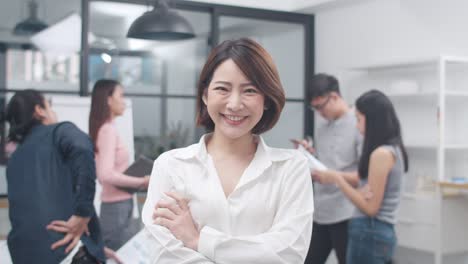 portrait of successful beautiful executive businesswoman smart casual wear looking at camera and smile, arms crossed in modern office workplace.