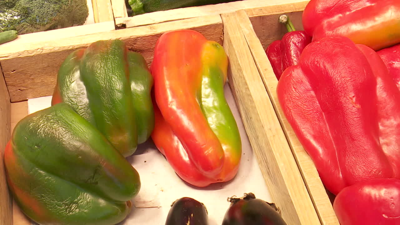Colorful Peppers and Eggplant in Wooden Crate